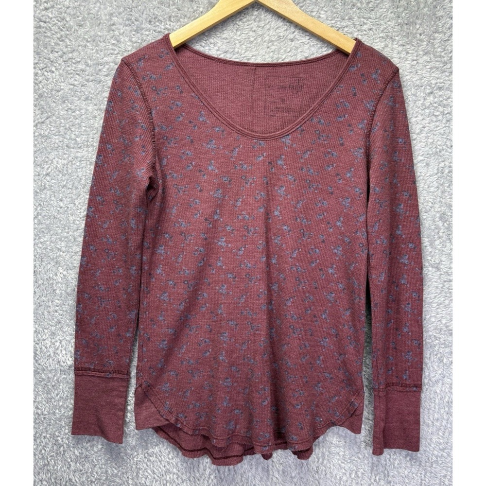 Free People We The Free Earthly Waffle Thermal Womens M Burgundy Floral Boho Top